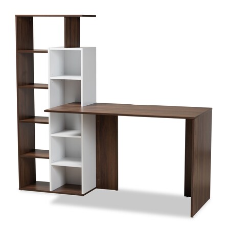 Baxton Studio Rowan Modern Two-Tone White and Walnut Brown Finished Wood Storage Computer Desk with Shelves 181-11369-Zoro